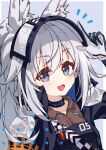  1girl absurdres animal_ear_fluff animal_ears arknights armor black_gloves black_jacket brown_shirt gloves grani_(arknights) grey_hair hand_up highres horse_ears horse_girl infection_monitor_(arknights) jacket long_hair looking_at_viewer notice_lines open_mouth pauldrons purple_eyes shirt shoulder_armor sidelocks solo two-tone_gloves user_xtkk5454 visor_(armor) visor_lift white_gloves 