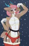 anthro antlers banzai.puppy brown_body brown_fur bulge calyx_forrester cervine christmas_lights clothing deer fur girly gloves_(marking) hair hi_res horn legwear looking_at_viewer male mammal markings pink_eyes pink_hair red_clothing red_underwear seductive simple_background snow snowing solo stockings underwear white_markings