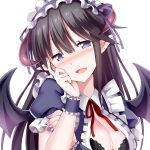  1girl :d black_bra black_hair black_wings blue_dress blush bra breasts character_request chouhakai!!_barbarossa cleavage collared_dress dress givuchoko hair_between_eyes hand_up head_tilt highres horns large_breasts long_hair looking_at_viewer neck_ribbon nose_blush pointy_ears puffy_short_sleeves puffy_sleeves purple_eyes red_ribbon ribbon short_sleeves simple_background smile solo underwear upper_body white_background wings wrist_cuffs 