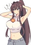  1girl armpits arms_behind_head breasts brown_eyes brown_hair commentary_request crop_top flower food food_on_body food_on_breasts fruit grey_pants hair_between_eyes hair_flower hair_ornament high_ponytail kantai_collection kasumi_(skchkko) large_breasts long_hair looking_to_the_side mandarin_orange midriff navel oppai_mochi pants ponytail white_background yamato_(kancolle) 