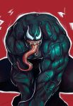  1boy black_skin colored_skin hands_on_ground highres long_tongue looking_at_viewer male_focus marvel mixter_art monster_boy muscular muscular_male sharp_teeth solo spider-man_(series) symbiote teeth thick_arms tongue tongue_out veins veiny_arms venom_(marvel) 