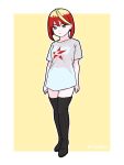  1girl alternate_costume blush boots highres mela_(pokemon) multicolored_hair official_alternate_hairstyle pokemon pokemon_sv rttnlich shirt short_hair solo standing t-shirt two-tone_hair 