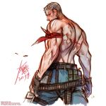  1boy bandana_around_arm bara bryan_fury cropped_legs from_behind looking_at_viewer looking_back male_focus mature_male muscular muscular_male scar scar_on_back short_hair sideburns solo tekken topless_male white_hair yi_lee 