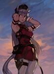  1girl absurdres animal_ears armband armpits arms_behind_head arms_up artistic_error belt_pouch blunt_bangs boridongja bow bowtie breasts brown_eyes brown_headwear commentary dress dusk gloves gold_ship_(umamusume) grey_hair hat highres horse_ears horse_girl horse_tail long_hair looking_to_the_side medium_breasts mole o-ring pantyhose pouch red_dress revision sleeveless sleeveless_dress solo standing straight_hair sweat tail thigh_strap umamusume white_gloves white_pantyhose 