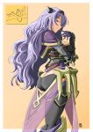  1girl alternate_eye_color armor ass automatic_giraffe black_armor black_panties black_thighhighs border breasts butt_crack camilla_(fire_emblem) cleavage dated fire_emblem fire_emblem_fates gloves hair_over_one_eye highres large_breasts long_hair looking_at_viewer looking_back orange_eyes panties pink_background purple_hair signature simple_background smile solo thighhighs tiara underwear very_long_hair wavy_hair white_border 