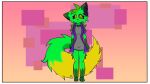 anthro canid canine clothed clothing female fox fur green_body green_fur greenlie greenliemolni grey_clothing hi_res mammal purple_clothing simple_background solo tail yellow_body yellow_eyes yellow_fur
