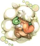  :d brown_eyes commentary_request curled_horns dark_skin heart highres holding holding_heart horns mofu_(moffuri_sippo) open_mouth pokemon pokemon_(creature) smile whimsicott white_background white_hair 