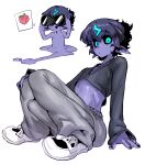 binoculars biped black_sclera bottomwear clothed clothing docu_(doppel) doppel erection erection_under_clothing fingers footwear goo_creature goo_humanoid hair humanoid humanoid_pointy_ears male not_furry open_mouth open_smile pants purple_body purple_skin shoes smile solo