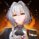  1girl arknights ascot black_ascot black_background blood blood_on_clothes dragon_girl dragon_horns epaulettes fire gradient_background grey_hair hair_between_eyes hair_intakes highres horns lingshalan lips looking_at_viewer medium_hair portrait shirt solo talulah_(arknights) talulah_the_fighter_(arknights) white_shirt yellow_eyes 