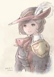  1girl 2020 adventurer_(ff11) artist_name ascot dated eyelashes final_fantasy final_fantasy_xi grey_eyes grey_hair hat hat_feather highres hume looking_at_viewer piyoco red_ascot red_mage short_hair smile solo tricorne upper_body 