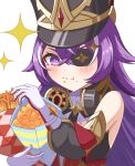  1girl :t bare_shoulders black_headwear chevreuse_(genshin_impact) commentary_request detached_sleeves food genshin_impact gloves hat headphones highres holding holding_food long_hair looking_at_viewer multicolored_hair purple_eyes purple_hair seshirun shako_cap simple_background smile solo streaked_hair upper_body very_long_hair white_background white_gloves white_hair 