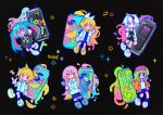  1boy 5girls aqua_hair artist_name banana black_background blonde_hair can commentary drink_can english_commentary flower_(vocaloid) flower_(vocaloid4) food fruit green_hair gumi hatsune_miku highres kagamine_len kagamine_rin long_hair long_sleeves megurine_luka melps microphone monster_energy multicolored_hair multiple_girls pink_eyes pink_hair purple_eyes purple_hair shirt shoes short_hair simple_background smile soda_can spring_onion star_(symbol) twintails two-tone_hair vocaloid white_hair 