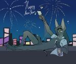 2024 5_fingers alcohol anthro apollo_(dracks) balls bat beverage black_balls black_body black_fur black_hair black_penis bottomless bottomless_anthro bottomless_male champagne city cityscape clothed clothing container cup dracks drinking_glass erection fangs feet fingers fireworks fur genitals glans glass glass_container glass_cup hair hi_res holding_object holidays humanoid_genitalia humanoid_penis looking_at_viewer lying male mammal navel new_year new_year_2024 nipples on_back open_clothing open_shirt open_topwear penis pink_nose raised_arm shirt side_view sky smile smirk solo tail teeth topwear white_clothing white_shirt white_topwear wine_bottle wine_glass yellow_eyes