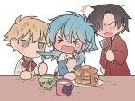  &gt;_&lt; 3boys black_hair blonde_hair blue_hair chibi closed_eyes cup dramatical_murder eating_hair food fork green_eyes holding holding_fork holding_spatula japanese_clothes kimono koujaku long_hair long_sleeves looking_at_another male_focus meremero mug multiple_boys noiz_(dramatical_murder) open_mouth pancake pancake_stack plate red_kimono red_ribbon ren_(dramatical_murder) ribbon seragaki_aoba shirt short_hair simple_background spatula standing surprised syrup table tears white_background white_shirt 