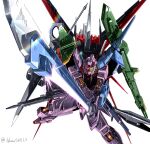  bazooka_(gundam) commentary_request energy_gun energy_sword glint glowing glowing_eyes green_eyes gundam gundam_seed highres holding holding_weapon mecha mobile_suit no_humans perfect_strike_gundam robot shimashun solo strike_rouge sword weapon white_background 