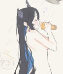  1girl asymmetrical_horns bare_shoulders black_hair blue_hair breasts closed_eyes colored_inner_hair demon_horns hololive hololive_english horns long_hair multicolored_hair music musical_note nerissa_ravencroft nude open_mouth senotori shower_(place) shower_head showering singing soap takanashi_kiara virtual_youtuber wet wet_hair 