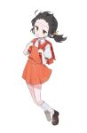  1girl ascot backpack bag black_hair brown_footwear child dress expressionless full_body hair_bobbles hair_ornament highres kaai_yuki kyoufuu_all_back_(vocaloid) manggo open_mouth pinafore_dress randoseru red_ascot red_bag red_dress short_hair short_twintails simple_background sleeveless sleeveless_dress socks solo twintails vocaloid white_background wind yellow_eyes 