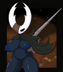 big_breasts black_body breasts cape cloak clothing crossgender female hand_behind_back hi_res hollow_knight hollow_knight_(character) horn humanoid nipples one_arm poraka7 solo team_cherry vessel_(species) weapon