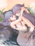  2girls blue_eyes blue_hair blush breasts completely_nude fu_hua fu_hua_(herrscher_of_sentience) grey_hair hair_between_eyes hand_on_another&#039;s_crotch hand_on_another&#039;s_neck highres honkai_(series) honkai_impact_3rd long_hair medium_breasts multicolored_hair multiple_girls navel nipples nude onsen open_mouth pussy red_eyes rock saliva_swap stomach streaked_hair tearing_up tears white_hair yellow_pupils yuri yuyuyu_starrail 