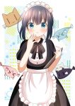  &gt;_&lt; 1girl :d absurdres animal apron black_dress black_hair blue_eyes blush closed_eyes closed_mouth commentary_request diagonal_stripes dress fish frilled_apron frills hair_between_eyes hands_up highres holding looking_at_viewer maid maid_headdress minagi_hiyori puffy_short_sleeves puffy_sleeves ryoutan short_sleeves sidelocks slow_loop smile solo striped striped_background wavy_mouth white_apron white_background xd 