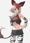  1girl bare_shoulders blush bow bowtie brown_eyes brown_hair brown_shirt commentary cowboy_shot crop_top denim denim_shorts detached_sleeves extra_ears grey_background hair_between_eyes highres kemono_friends looking_at_viewer midriff navel okapi_(kemono_friends) okapi_ears okapi_print okapi_tail pantyhose print_pantyhose print_sleeves shirt short_hair short_shorts shorts sidelocks simple_background solo tanabe_(fueisei) white_bow white_bowtie white_hair 