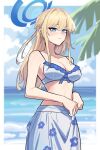  1girl alternate_costume beach bikini bikini_top_only blonde_hair blue_archive blue_eyes blue_halo blue_sky blurry blurry_background blush braid breasts cleavage closed_mouth cloud cloudy_sky commentary cowboy_shot expressionless floral_print french_braid frilled_bikini frills from_side halo highres long_hair medium_breasts nokaa_aru ocean palm_tree sarong sidelocks sky solo standing swimsuit toki_(blue_archive) tree white_bikini white_sarong 