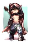  1boy brown_hair cape child cloak commentary_request dark-skinned_male dark_skin facial_mark full_body helmet highres hood hooded_cloak looking_at_viewer made_in_abyss male_child male_focus mechanical_arms navel open_mouth pointy_ears regu_(made_in_abyss) short_hair simple_background solo stomach stomach_tattoo tattoo yellow_eyes zxmeko 