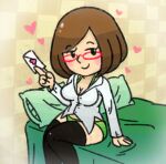  acfan120 arm_up bed black_thighhighs blush bob_cut bra breasts brown_hair buttons cleavage collared_shirt envelope glasses green_bra green_panties hand_up heart holding holding_envelope holding_letter letter long_sleeves nikki_(swapnote) nintendo on_bed panties parted_bangs red-framed_eyewear seductive_smile shirt simple_background smile thighhighs underwear white_shirt 