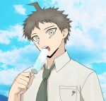  1boy ahoge badge blue_sky breast_pocket brown_eyes brown_hair cloud collared_shirt danganronpa_(series) danganronpa_2:_goodbye_despair food green_necktie hand_up highres hinata_hajime holding holding_food holding_ice_cream ice_cream natsukusa_(hacho129) necktie pocket shirt short_hair sky solo 