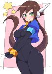  1girl absurdres aile_(mega_man_zx) black_bodysuit blush bodysuit bottomless breasts brown_hair buzzlyears cropped_jacket green_eyes highres jacket large_breasts long_hair looking_at_viewer mega_man_(series) mega_man_zx mega_man_zx_advent open_clothes open_jacket open_mouth ponytail robot_ears simple_background solo 