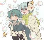  2boys ^_^ aged_down blue_hair blue_pants bubble_blowing bubble_wand bug butterfly clear_(dramatical_murder) closed_eyes coat dramatical_murder green_scarf hair_between_eyes hand_up hands_on_own_knees highres knees_up long_hair long_sleeves male_focus mask mask_on_head meremero mole multiple_boys open_mouth pants scarf seragaki_aoba short_hair sitting smile soap_bubbles standing white_coat white_hair yellow_eyes 