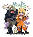  1boy 1girl absurdres blonde_hair blue_eyes breasts caiman_(dorohedoro) clenched_hand copyright_name dorohedoro dumpling fisheye food full_body gyoza_man highres jiaozi jumpsuit long_hair looking_at_another nikaidou_(dorohedoro) open_mouth orange_jumpsuit pants partially_unzipped rariatto_(ganguri) smile thumbs_up twitter_username 