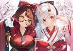  2girls adjusting_eyewear android artist_name black_bow blush bow breasts brown_hair cherry_blossoms closed_mouth commentary_request falling_petals flower frilled_sleeves frills glasses gradient_hair hair_bow hair_flower hair_ornament hand_up highres hololive horns japanese_clothes kanzashi kimono large_breasts long_hair long_sleeves looking_at_viewer mechanical_arms medium_hair multicolored_hair multiple_girls nail_polish nakiri_ayame nakiri_ayame_(new_year) nanaushi official_alternate_costume official_alternate_hairstyle oni oni_horns petals ponytail red_bow red_eyes red_hair red_kimono red_nails roboco-san roboco-san_(new_year) short_ponytail side-by-side sidelocks skin-covered_horns smile streaked_hair teardrop-framed_glasses upper_body virtual_youtuber watermark white_hair white_kimono wide_sleeves yellow_eyes 