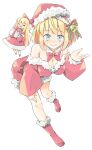  1girl alice_margatroid armpit_peek arnest bell bent_over blue_eyes breasts christmas cleavage doll full_body hat highres legs looking_at_viewer santa_costume santa_hat shanghai_doll smile solo touhou 