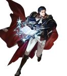  1girl attack black_hair book cape epaulettes fire_emblem fire_emblem:_thracia_776 fire_emblem_heroes gloves hair_slicked_back highres lightning non-web_source official_alternate_costume official_art red_cape reinhardt_(fire_emblem) reinhardt_(thrud_reborn)_(fire_emblem) solo tagme white_gloves 