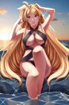  1girl ahoge blonde_hair bracelet breasts cleavage cloud fate_testarossa jewelry knee_up large_breasts long_hair looking_at_viewer lyrical_nanoha mahou_shoujo_lyrical_nanoha_strikers ocean open_mouth outdoors partially_submerged red_eyes rock sitting sky smile solo sougetsu_izuki sparkle sunrise teeth upper_teeth very_long_hair 