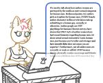  angry anthro clothing computer domestic_cat ear_piercing english_text felid feline felis female frown frown_eyebrows furniture hi_res hmofa hmofa_supremacy humor laptop mammal piercing rant satire shirt sitting solo table tank_top text topwear typing unknown_artist wall_of_text 