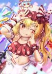  1girl :v ;q apron asymmetrical_sleeves bikini bow breasts cleavage closed_mouth crystal doll fingernails flandre_scarlet hair_ornament hairpin hat heart heart_hair_ornament heart_print highres laevatein_(touhou) long_fingernails looking_at_viewer midriff mismatched_sleeves mizunisabano mob_cap navel one_eye_closed one_side_up polka_dot polka_dot_bikini red_bikini red_nails remilia_scarlet smile solo striped striped_bow swimsuit tongue tongue_out touhou w waist_apron white_apron white_headwear wings wrist_cuffs 