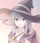  1girl :d black_headwear bow bowtie braid collared_shirt elaina_(majo_no_tabitabi) grey_hair hat highres large_hat long_hair looking_at_viewer majo_no_tabitabi natsushi open_clothes open_mouth open_robe outdoors purple_eyes red_bow robe shirt smile solo white_shirt witch_hat yellow_bow yellow_bowtie 