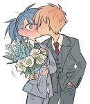  2boys alternate_costume alternate_hairstyle blonde_hair blue_hair blush bouquet closed_eyes collared_shirt dramatical_murder grey_jacket grey_pants groom hand_in_pocket hand_on_another&#039;s_waist highres holding holding_bouquet husband_and_husband jacket kiss long_sleeves male_focus meremero multiple_boys necktie noiz_(dramatical_murder) pants ponytail red_necktie seragaki_aoba shirt short_hair simple_background suit surprised white_background white_shirt yaoi yellow_eyes 