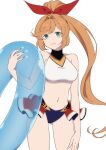  1girl arm_at_side ass_visible_through_thighs bangs bare_shoulders bikini_skirt breasts clarisse_(granblue_fantasy) closed_mouth granblue_fantasy green_eyes hair_intakes high_ponytail holding holding_innertube innertube lips long_hair looking_at_viewer medium_breasts mifuta navel no_nose orange_hair simple_background smile solo turtleneck white_background 