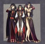  1girl 2boys absurdres androgynous anklet black_dress black_hair boots breasts cape circlet cleavage detached_sleeves dress ephidel_(fire_emblem) fire_emblem fire_emblem:_the_blazing_blade gem high_heels highres jewelry limstella_(fire_emblem) lipstick long_hair long_sleeves looking_at_viewer makeup mature_female multiple_boys one_eye_covered open_mouth pants plunging_neckline quotedotlass red_gemstone shirt side_slit simple_background smile sonia_(fire_emblem) tassel thighs white_pants white_shirt yellow_eyes 