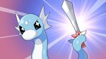  2022 ambiguous_gender black_eyes blue_body blue_head blue_tail dratini drunk_oak generation_1_pokemon hi_res holding_object holding_sword holding_weapon melee_weapon multicolored_body multicolored_head nintendo pokemon pokemon_(species) solo sword tail_holding_object video_games weapon white_body 