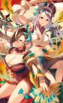  2girls bare_shoulders bead_necklace beads breasts brown_eyes brown_hair cleavage comb crop_top detached_sleeves feathers fire_emblem fire_emblem_fates fire_emblem_heroes hair_ornament hair_over_one_eye hairpods hand_fan hand_up highres holding holding_fan japanese_clothes jewelry kagero_(fire_emblem) kagero_(winds_offered)_(fire_emblem) kimono large_breasts long_hair looking_at_viewer mature_female midriff multiple_girls navel necklace ninja official_alternate_costume oh01861884 orochi_(fire_emblem) orochi_(winds_offered)_(fire_emblem) peacock_feathers pelvic_curtain pinwheel_hair_ornament ponytail purple_eyes purple_hair short_kimono side_slit smile tassel thighs 