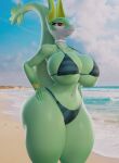 3d_(artwork) anthro areola areola_slip beach big_breasts bikini biped breasts clothed clothing digital_media_(artwork) eyelashes female generation_5_pokemon green_body hand_on_hip hi_res nintendo pokemon pokemon_(species) pupils seaside serperior solo swimwear thick_thighs wide_hips xlkev