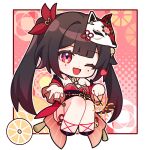  1girl ;d black_hair border chibi fireworks fox_mask full_body heart highres holding_fireworks honkai:_star_rail honkai_(series) huiyuanaideknight long_hair mask mask_on_head one_eye_closed outside_border red_eyes smile solo sparkle_(honkai:_star_rail) sparkler twintails white_border 