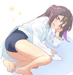  1girl bare_legs barefoot black_hair blue_one-piece_swimsuit blush brown_eyes commentary elbow_rest feet hair_ornament hair_ribbon hairclip kyarahiba lab_coat legs long_hair long_sleeves looking_at_viewer lying multicolored_hair on_side one-piece_swimsuit onii-chan_wa_oshimai! open_mouth oyama_mihari purple_hair red_ribbon ribbon simple_background soles solo star_(symbol) swimsuit swimsuit_under_clothes toes twintails two-tone_hair wavy_mouth white_background 