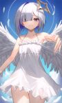  1girl absurdres amane_kanata angel angel_wings bare_arms bare_shoulders blue_eyes blue_hair blue_sky closed_mouth cloud collarbone colored_inner_hair commentary_request cowboy_shot crying crying_with_eyes_open dress falling_feathers feathered_wings flat_chest grey_hair hair_over_one_eye halo highres hololive light_blush light_frown looking_at_viewer multicolored_hair outstretched_arm pink_hair reaching reaching_towards_viewer short_hair single_hair_intake sky solo spaghetti_strap star_halo streaked_hair tears thigh_gap thomas_8000 virtual_youtuber white_dress white_wings wings 
