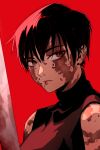 1girl absurdres allegedly_tom black_hair burn_scar commentary highres jujutsu_kaisen looking_at_viewer portrait red_background red_eyes scar short_hair simple_background sleeveless sleeveless_turtleneck solo sword tomboy turtleneck weapon zen&#039;in_maki 