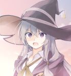  1girl black_headwear bow bowtie braid collared_shirt elaina_(majo_no_tabitabi) grey_hair hat highres large_hat long_hair looking_at_viewer majo_no_tabitabi natsushi open_clothes open_mouth open_robe outdoors partially_shaded_face purple_eyes red_bow robe shirt solo white_shirt witch_hat yellow_bow yellow_bowtie 